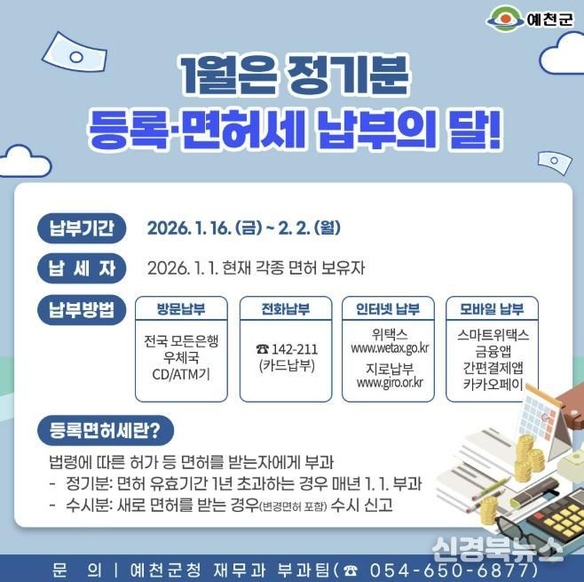 예천군, 2026년 정기분 등록면허세 부과