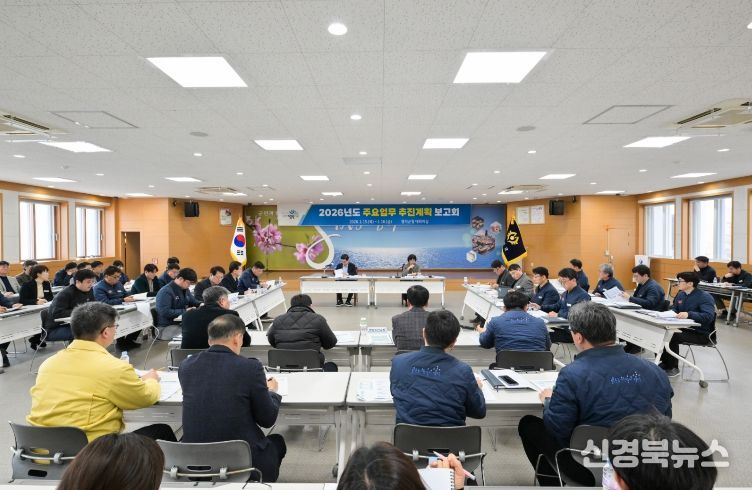 김광열 영덕군수가 2026년 주요 업무 보고회를 주재하고 있다.