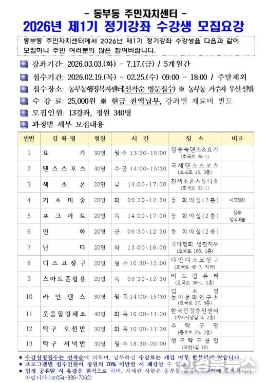 2026년 동부동 주민자치센터 제1기 정기강좌 수강생 모집요강