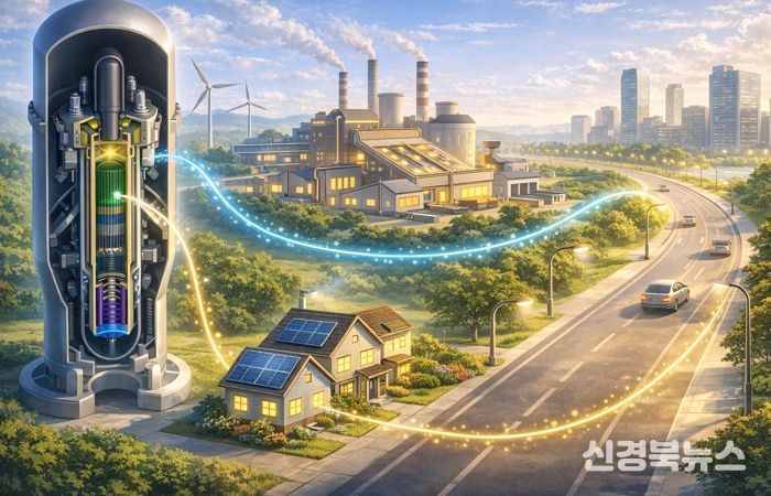 혁신형 소형모듈원전(i-SMR) 전력이 지역 산업시설과 생활 인프라로 확산되는 모습을 표현한 이미지